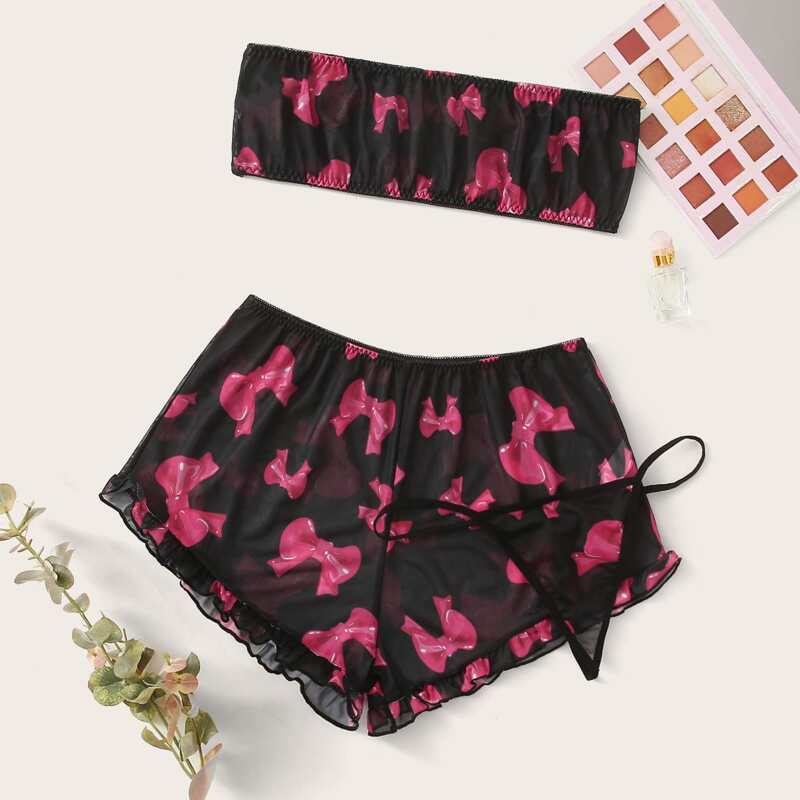 

Bow Bandeau & Sheer Mesh Shorts & Thong, Multicolor