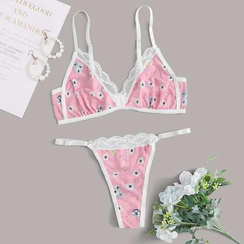 

Floral Mesh Lingerie Set, Pink