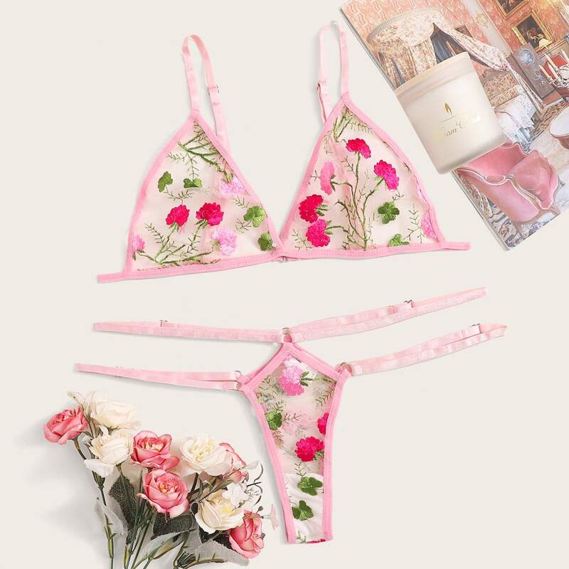 

Floral Mesh Strappy Thong Lingerie Set, Pink