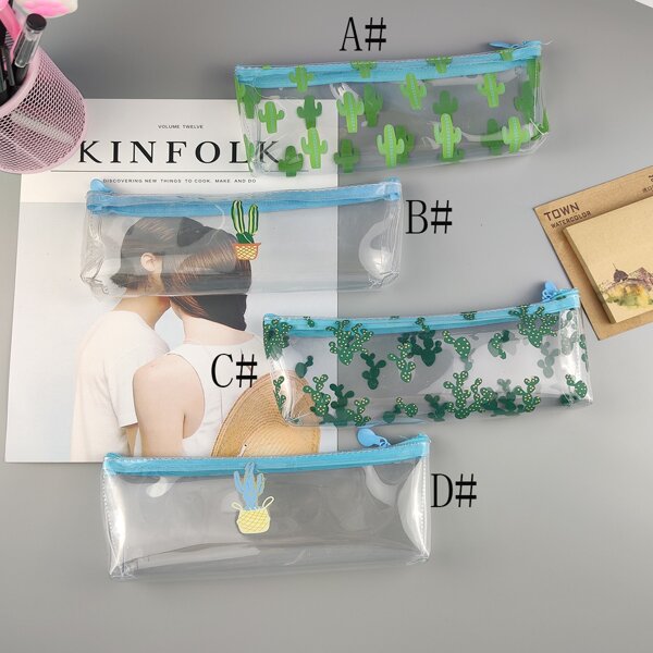 

1pc Cactus Print Clear Pencil Case, Multicolor