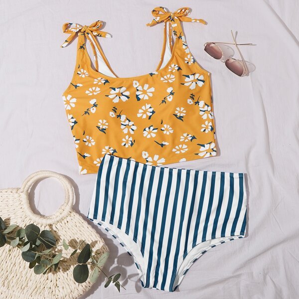 

Plus Floral & Striped Print Bikini Swimsuit, Multicolor