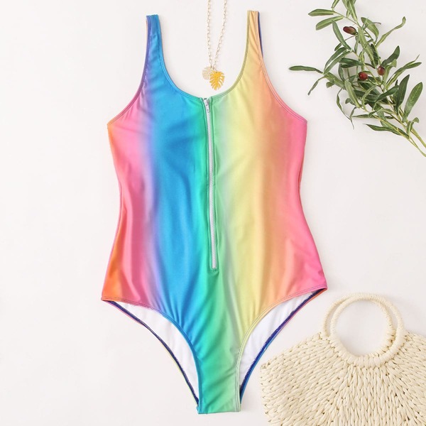 

Plus Rainbow Pattern Zipper Front One Piece Swimsuit, Multicolor