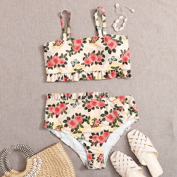 

Plus Floral Frill Trim Bikini Swimsuit, Multicolor