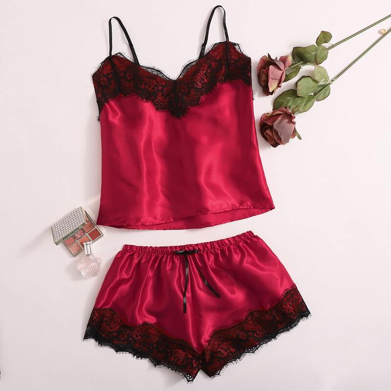 

Lace Panel Cami Night Set, Red