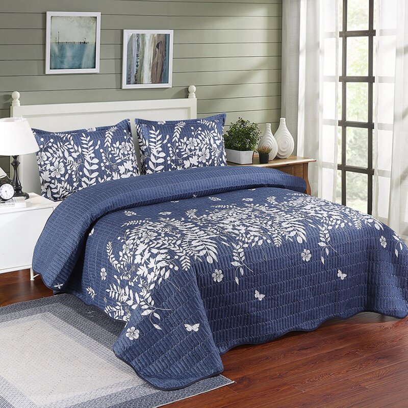 

Leaf Print Bedspread Set, Navy