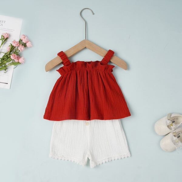 

Baby Girl Textured Ruffle Trim Cami Top & Shorts, Multicolor