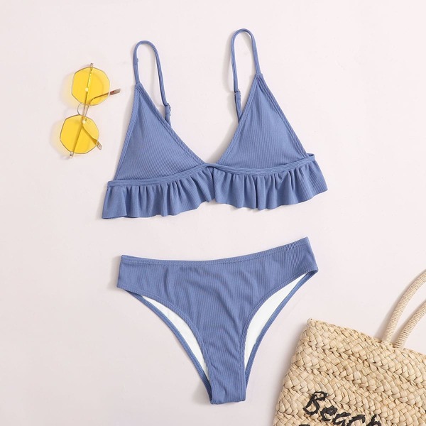 

Rib Ruffle Hem Triangle Bikini Swimsuit, Blue