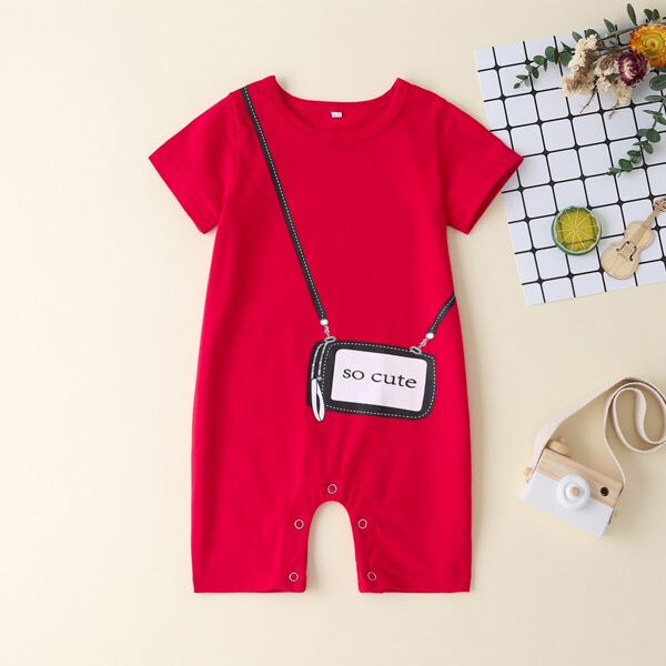 

Baby Girl Bag And Letter Graphic Tee Romper, Red