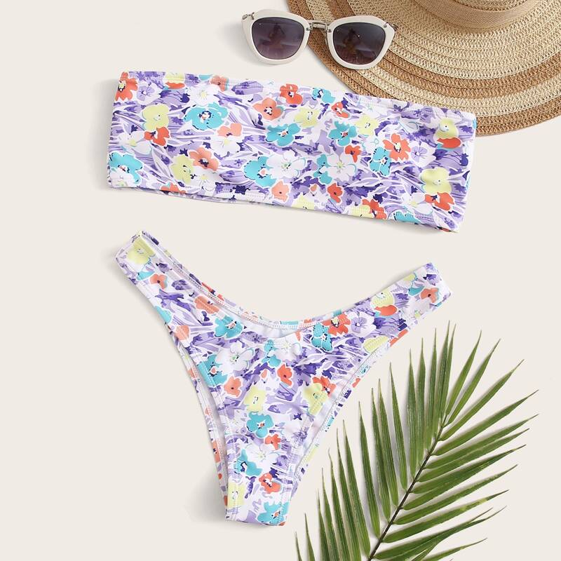 

Floral Bandeau High Cut Bikini Swimsuit, Multicolor