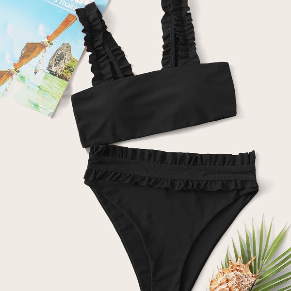 

Frill Trim High Waisted Bikini Swimsuit, Black