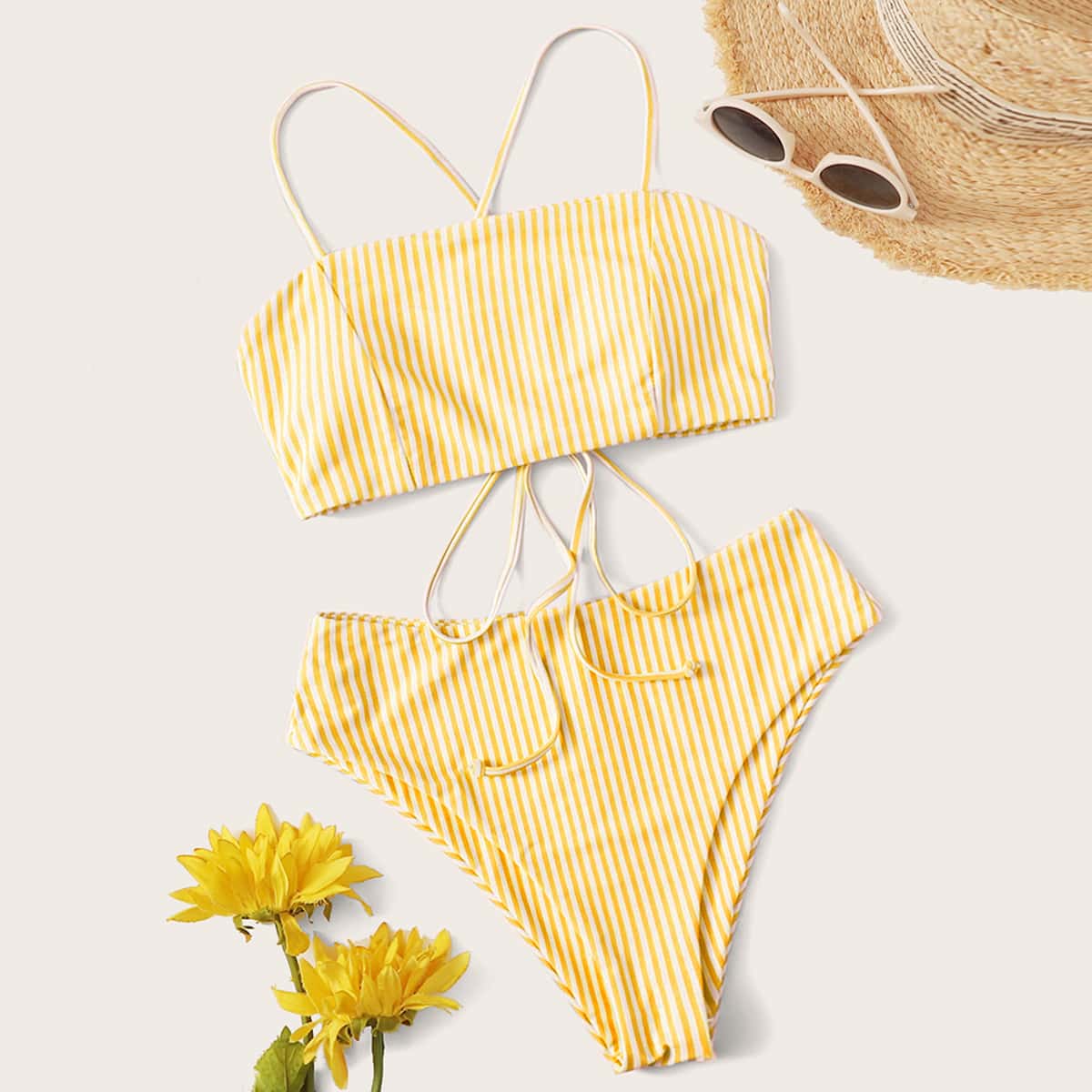 

Striped High Waisted Bikini Swimsuit, Yellow