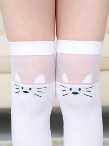 1 Par De Calcetines Hasta La Rodilla De Terciopelo Con Diseño De Gato, Transpirables Y Bonitos Para Niña, Para Primavera Y Verano