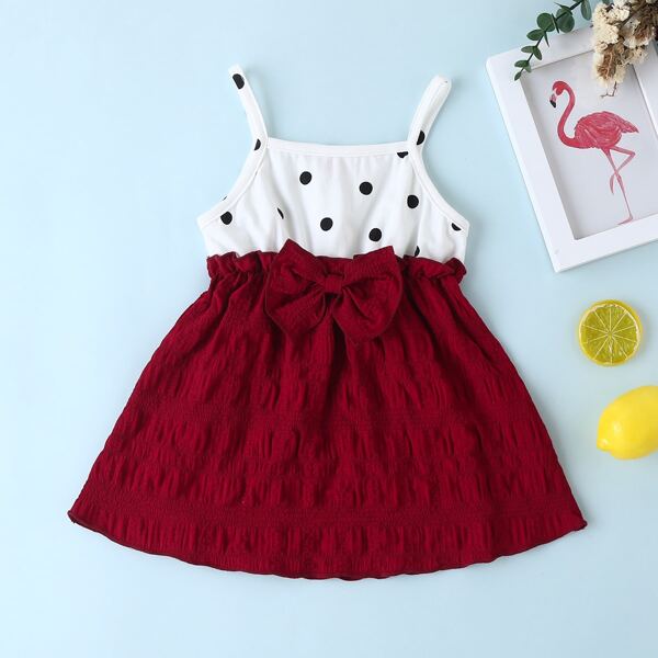 

Baby Girl Colorblock Polka Dot Bow Front Cami Dress, Multicolor