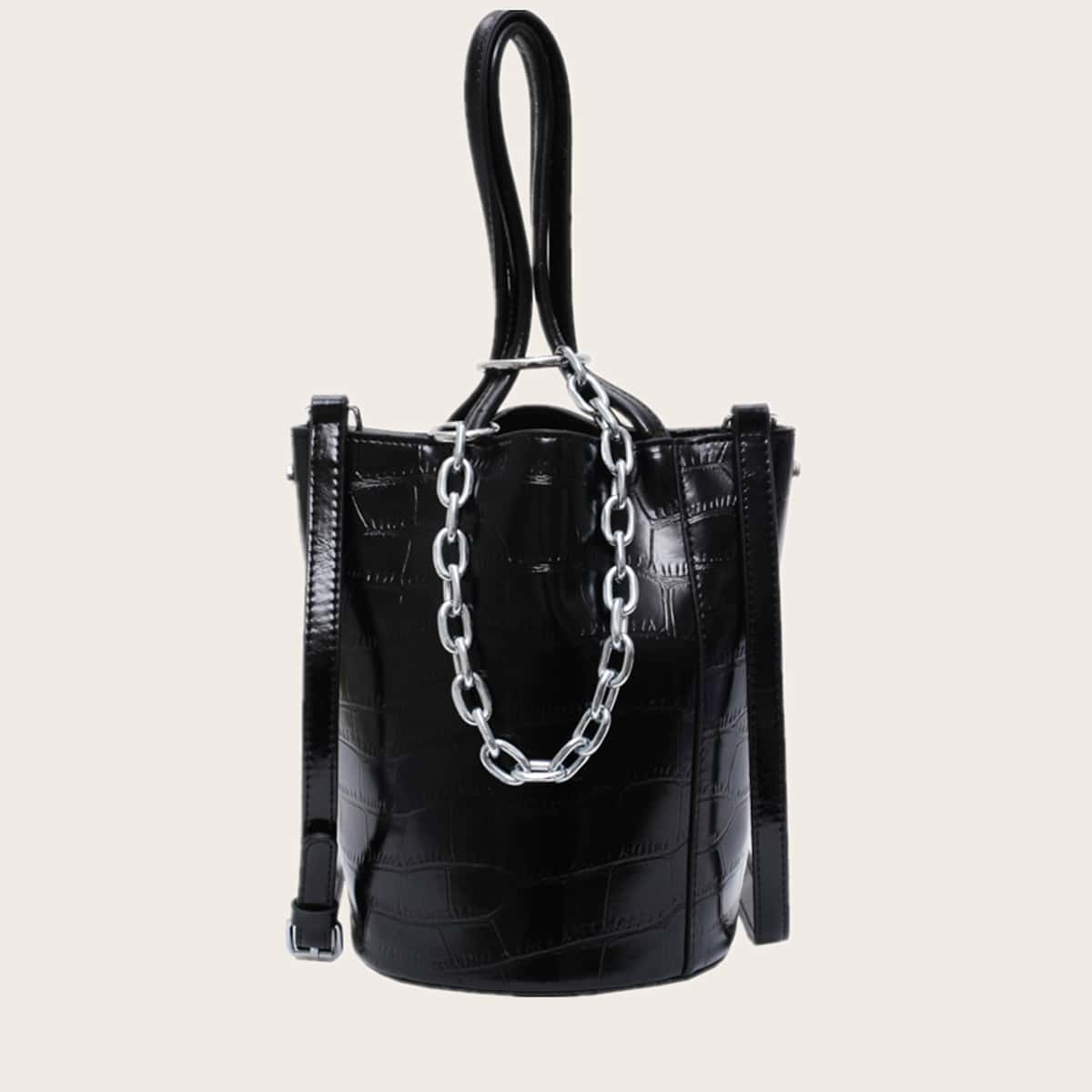 

Chain Decor Bucket Satchel Bag, Black