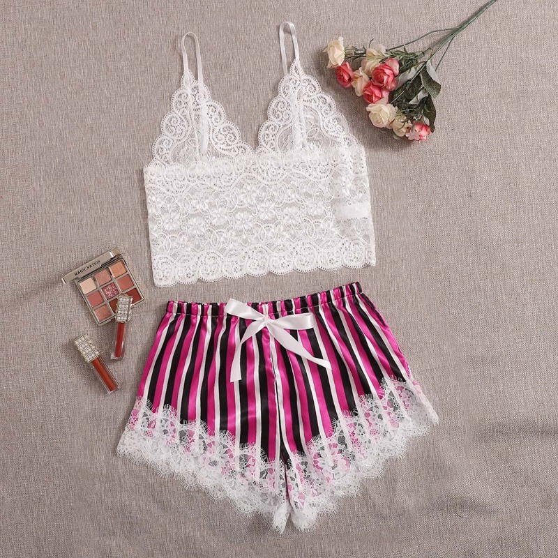 

Striped Floral Lace Satin Lingerie Set, Multicolor