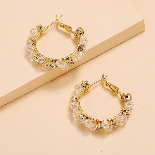 

Rhinestone Engraved Hoop Earrings, Gold