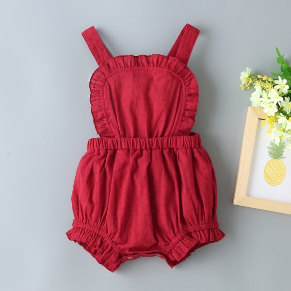 

Baby Girl Ruffle Trim Criss Cross Back Cami Romper, Red