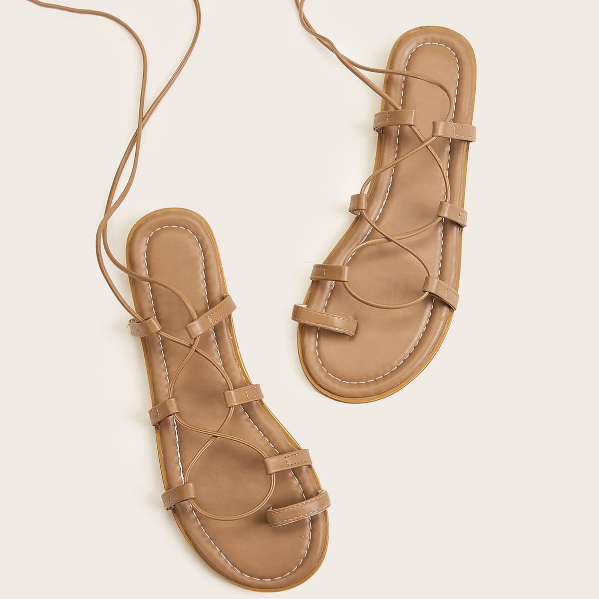 

Toe Ring Tie Leg Flat Sandals, Brown
