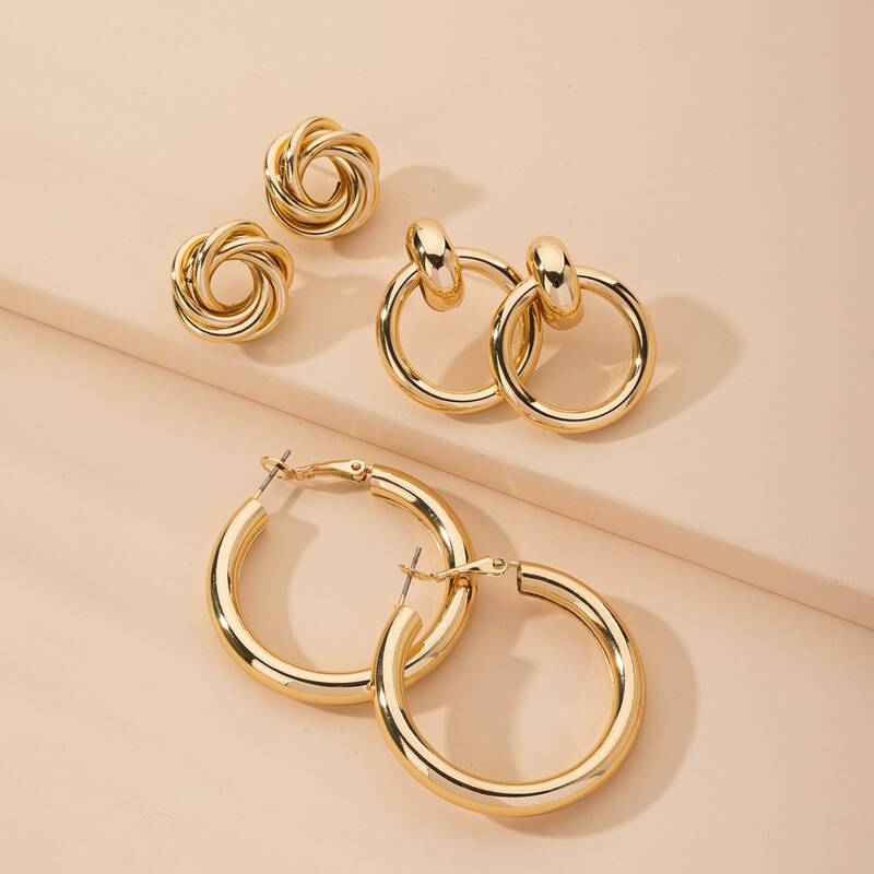 

3pairs Round Earrings Set, Gold