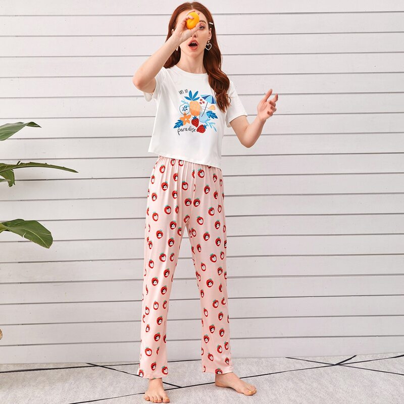 

Cartoon & Fruit Print PJ Set, Multicolor