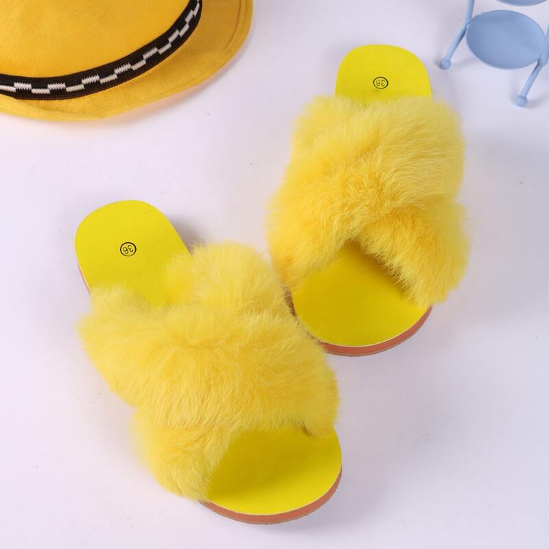 

Fluffy Decor Cross Strap Slippers, Yellow