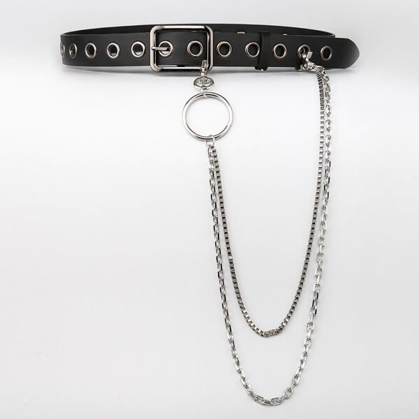 

Men Chain Decor Eyelet Belt, Black