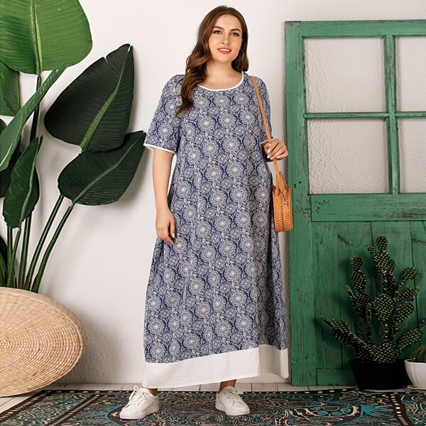 

Plus Contrast Trim Tribal Print Night Dress, Navy blue