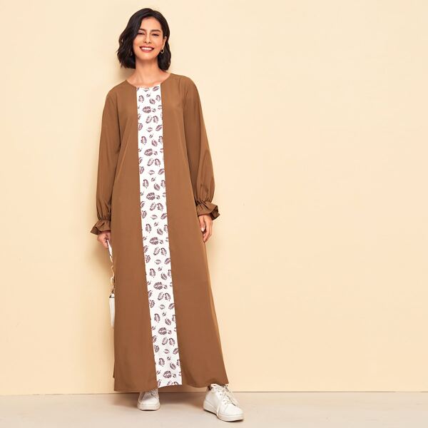

Contrast Tropical Panel Flounce Sleeve Dress, Brown