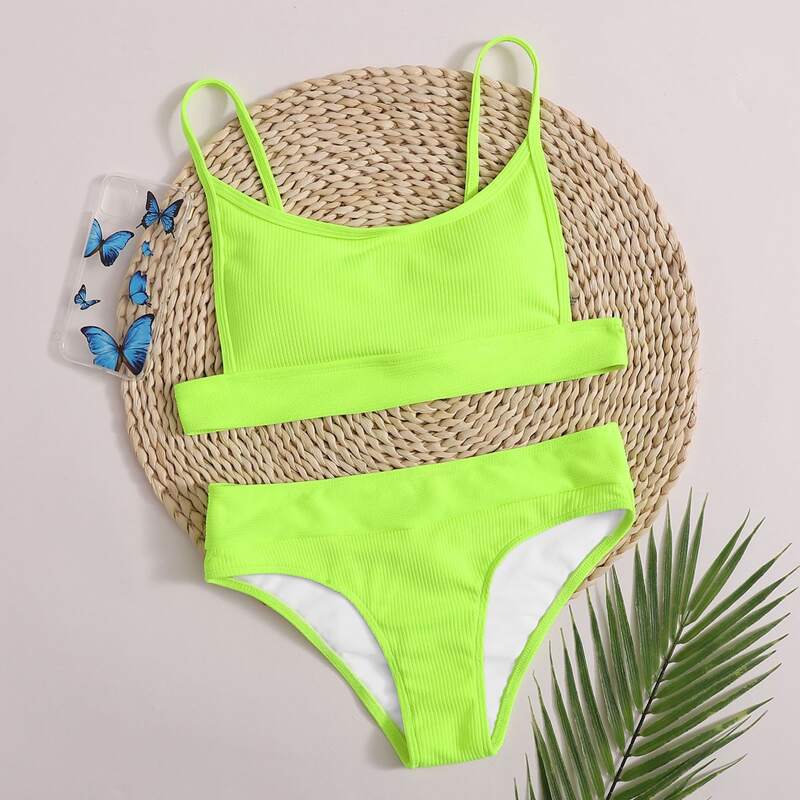 

Neon Lime Rib Bikini Swimsuit, Green bright
