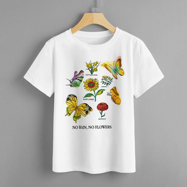 

Floral And Butterfly Print Slogan Graphic Tee, White