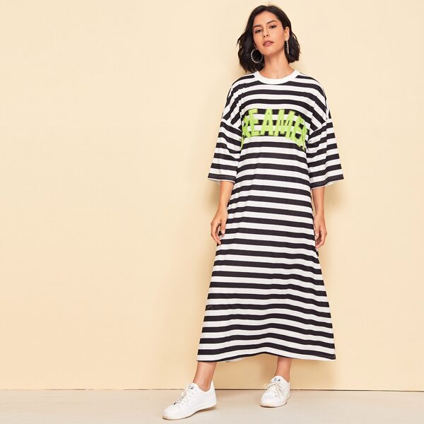 

Drop Shoulder Letter & Striped Print Dress, Black and white
