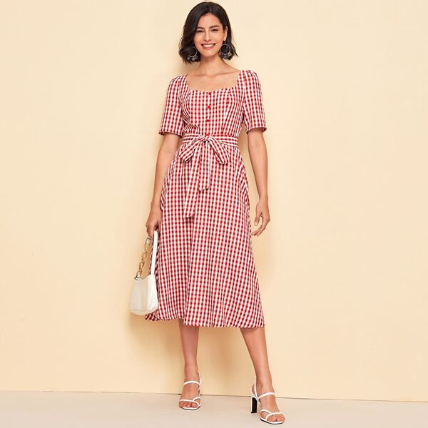 

Square Neck Belted Gingham Dress, Red and white