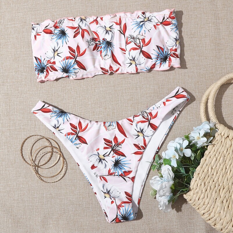 

Floral Lettuce Trim Bandeau High Cut Bikini Swimsuit, Multicolor