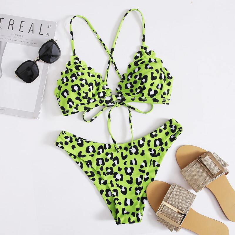 

Leopard Scallop Tie Back Bikini Swimsuit, Multicolor
