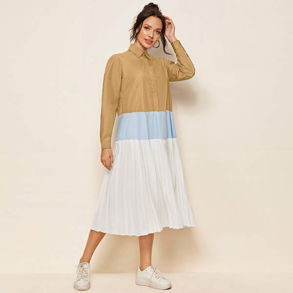 

Pleated Hem Color Block Dress, Multicolor