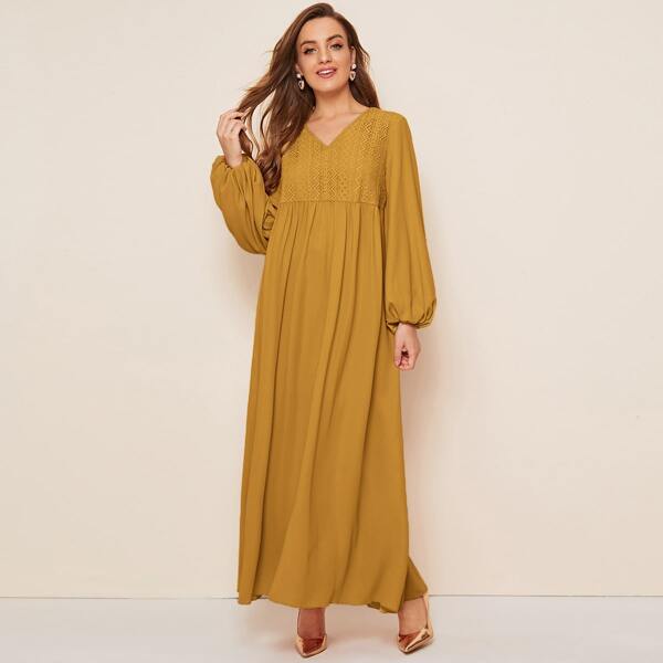 

Lantern Sleeve Lace Bodice Smock Dress, Mustard yellow