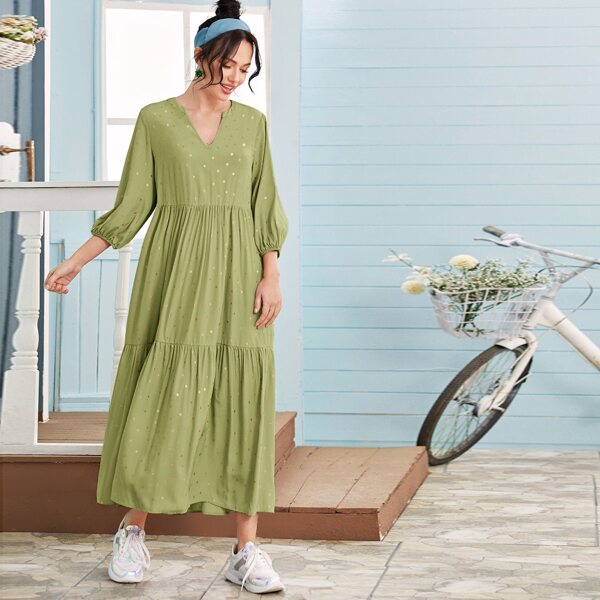 

Notch Neck Gold Dot Print Lantern Sleeve Dress, Olive green