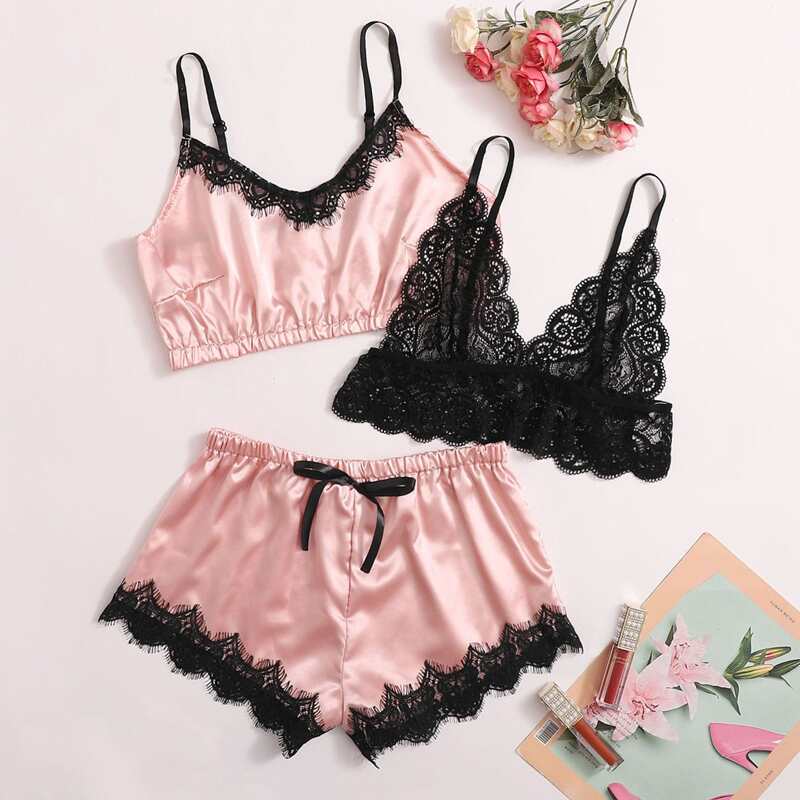 

3pack Contrast Lace Satin Lingerie Set, Pink