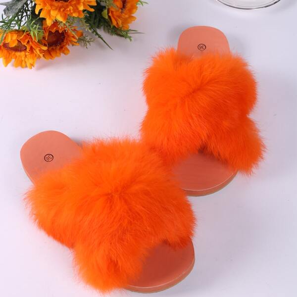

Faux Fur Criss Cross Slippers, Orange hot pink