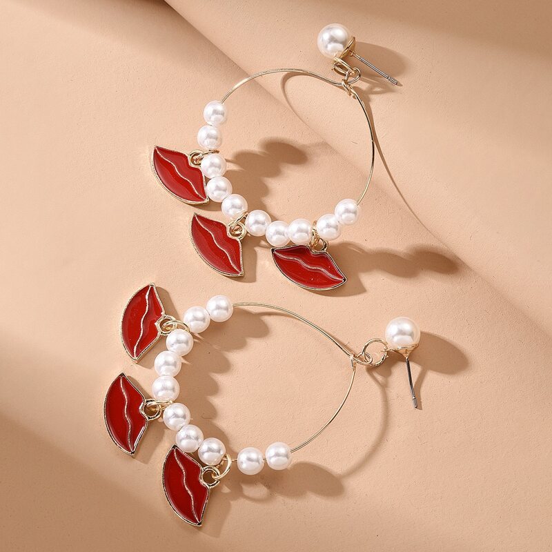 

Faux Pearl Decor Hoop Drop Earrings, Red