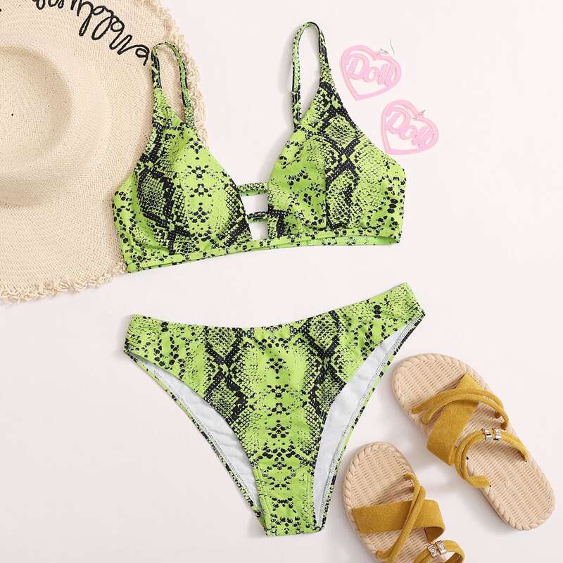 

Snakeskin Cut-out Bikini Swimsuit, Multicolor