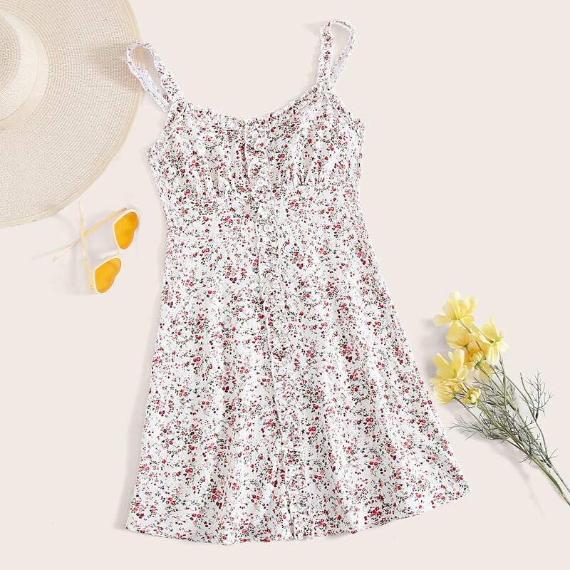 

Single Breasted Frill Trim Ruched Bust Ditsy Floral Slip Dress, White