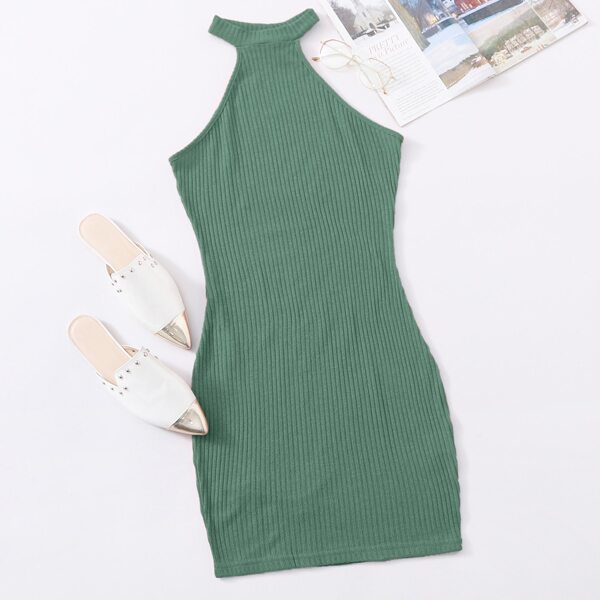 

Rib-knit Halter Neck Bodycon Dress, Green