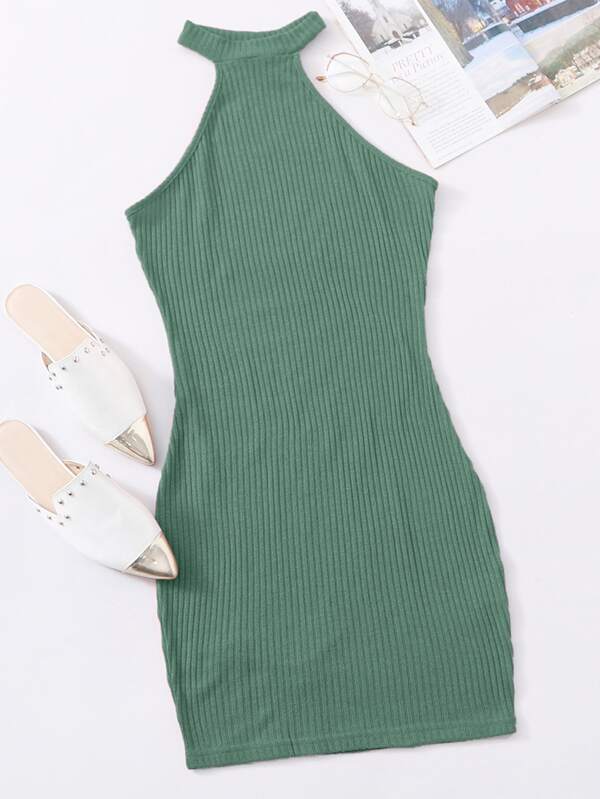 Rib Knit Halter Neck Bodycon Dress Shein Eur