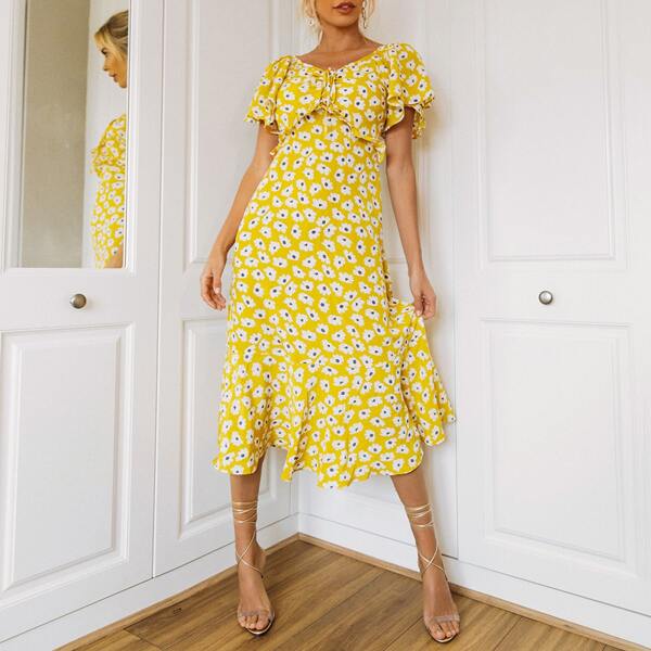 

Flutter Sleeve Ruffle Trim Floral Print Dress, Yellow