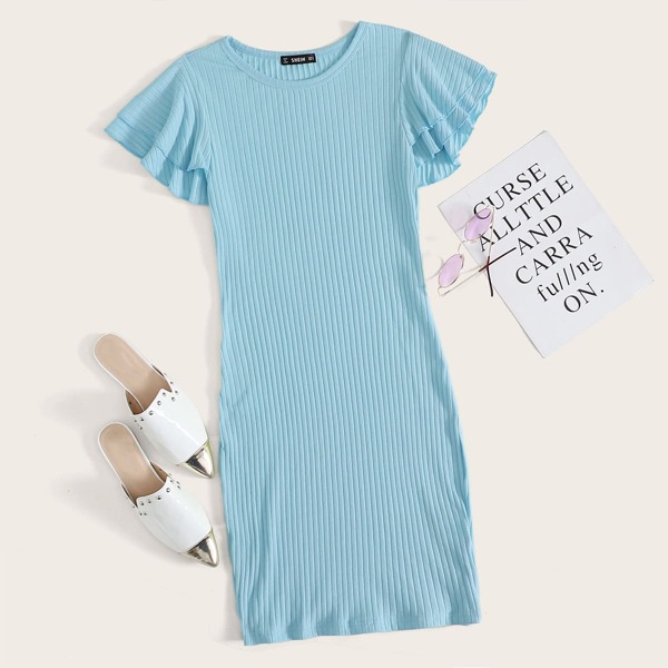 

Layered Flutter Sleeve Rib-knit Dress, Blue pastel