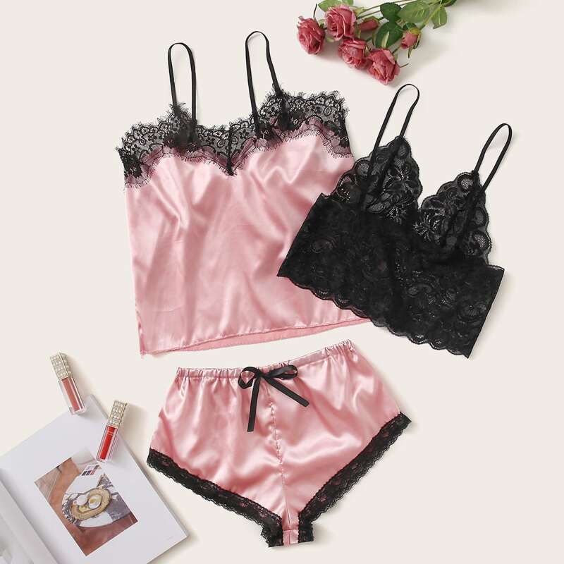

3pack Contrast Lace Satin Lingerie Set, Multicolor