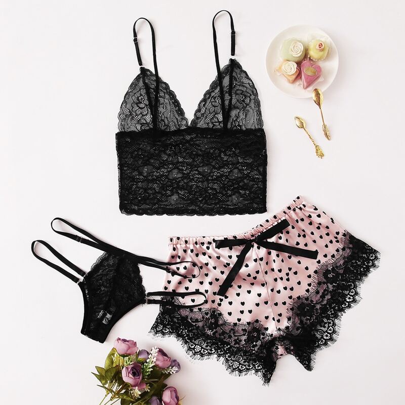 

3pack Heart Print Eyelash Lace Satin Lingerie Set, Multicolor