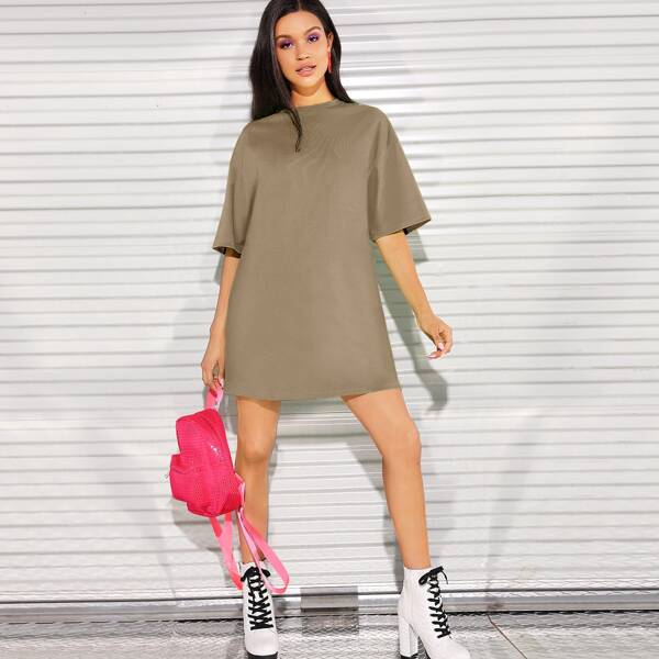 

Drop Shoulder Solid Tee Dress, Mocha brown