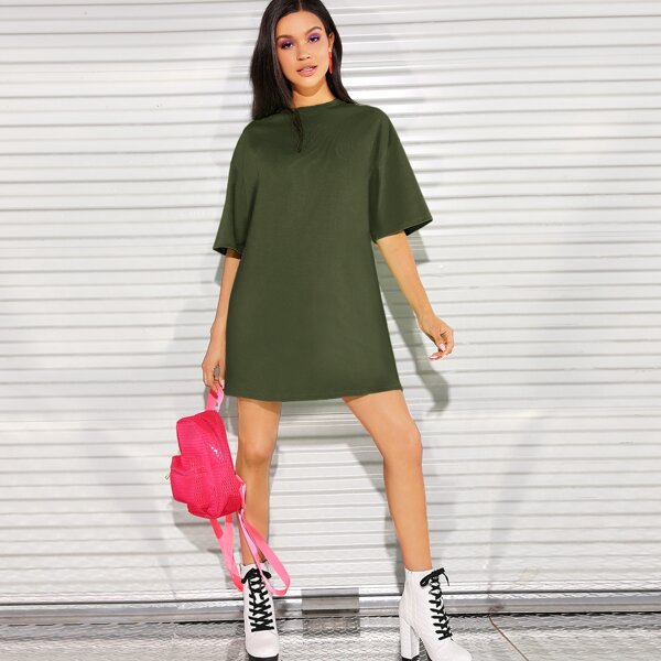 

Drop Shoulder Solid Tee Dress, Army green